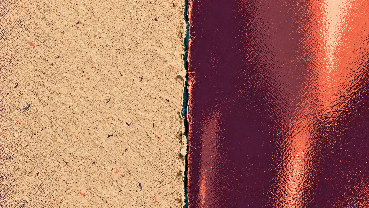 Screen-print illustration of two strips of paper butted edge to edge, one matte and quietly textured, the other hard and glaringly slick, the seam between them unmistakable.