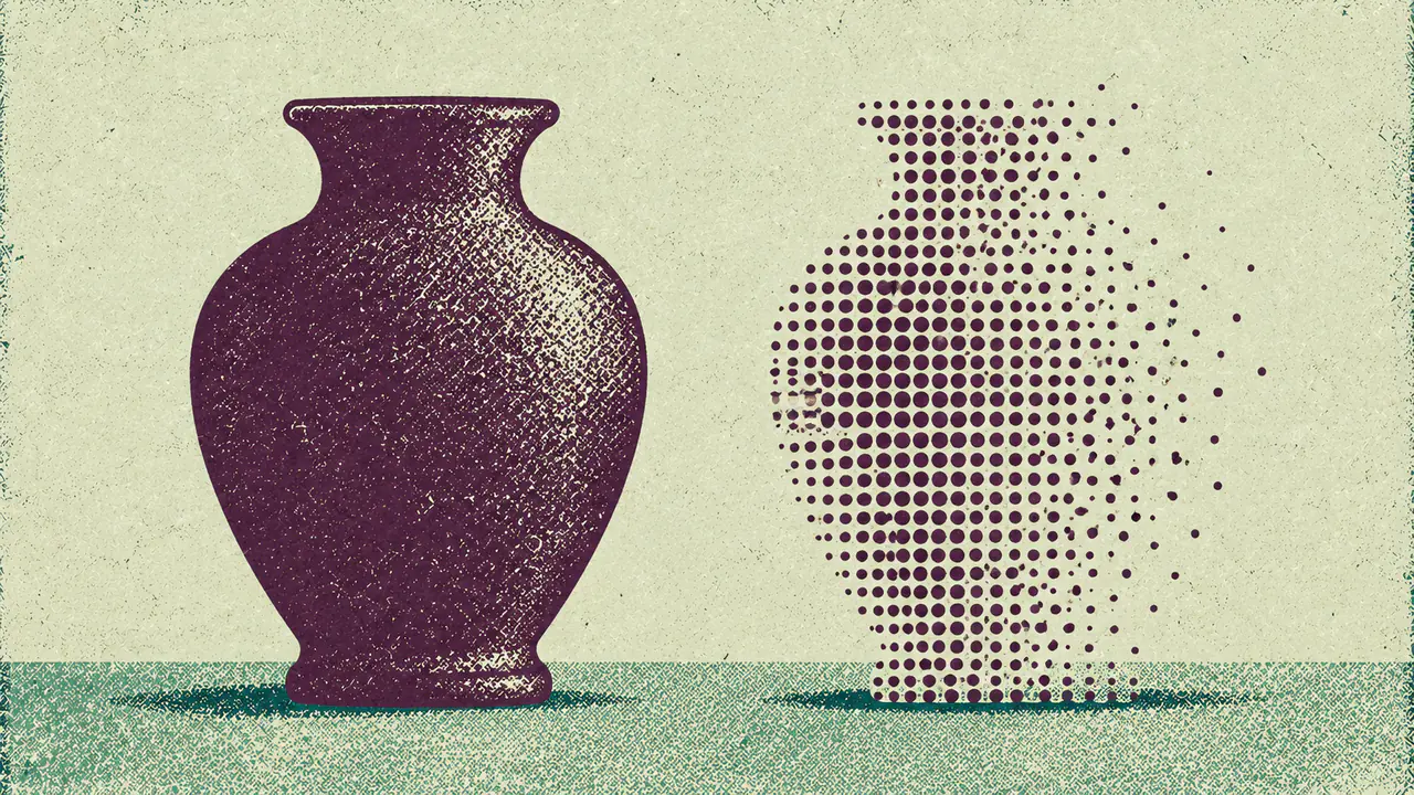 Screen-print illustration of one heavy solid silhouette shape rendered with a hard clean edge, placed beside the identical shape broken up into a coarse open dot grid that has lost its outline.