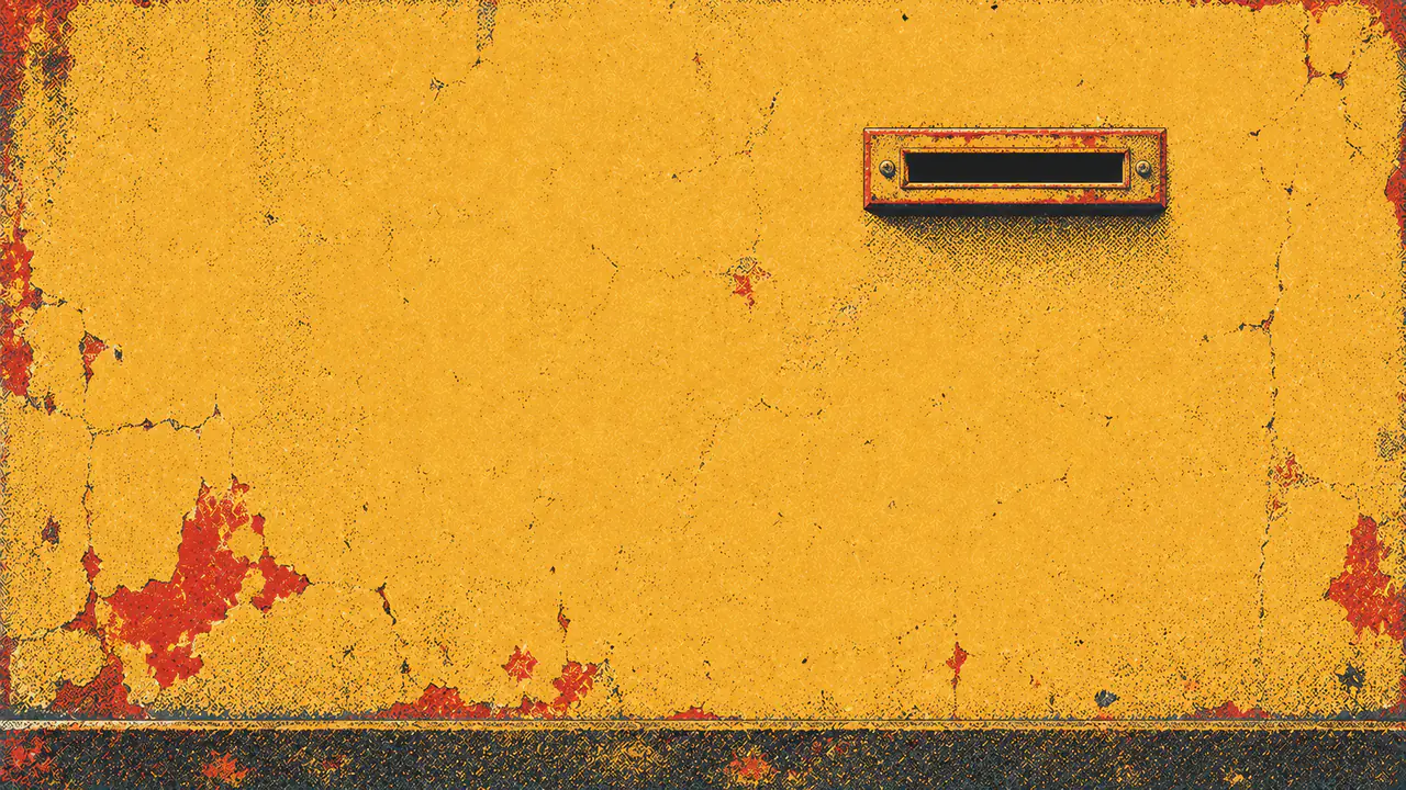 Screen-print illustration of a single narrow letter slot set into a large blank wall, with no handle, no bell, no counter and no window anywhere near it.