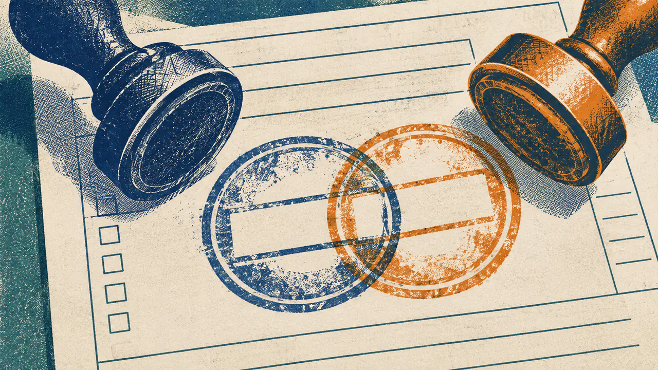 Screen-print illustration of two heavy official rubber stamps pressed onto the same blank form, their inked impressions overlapping almost but not quite exactly, one sitting a few degrees out of true.
