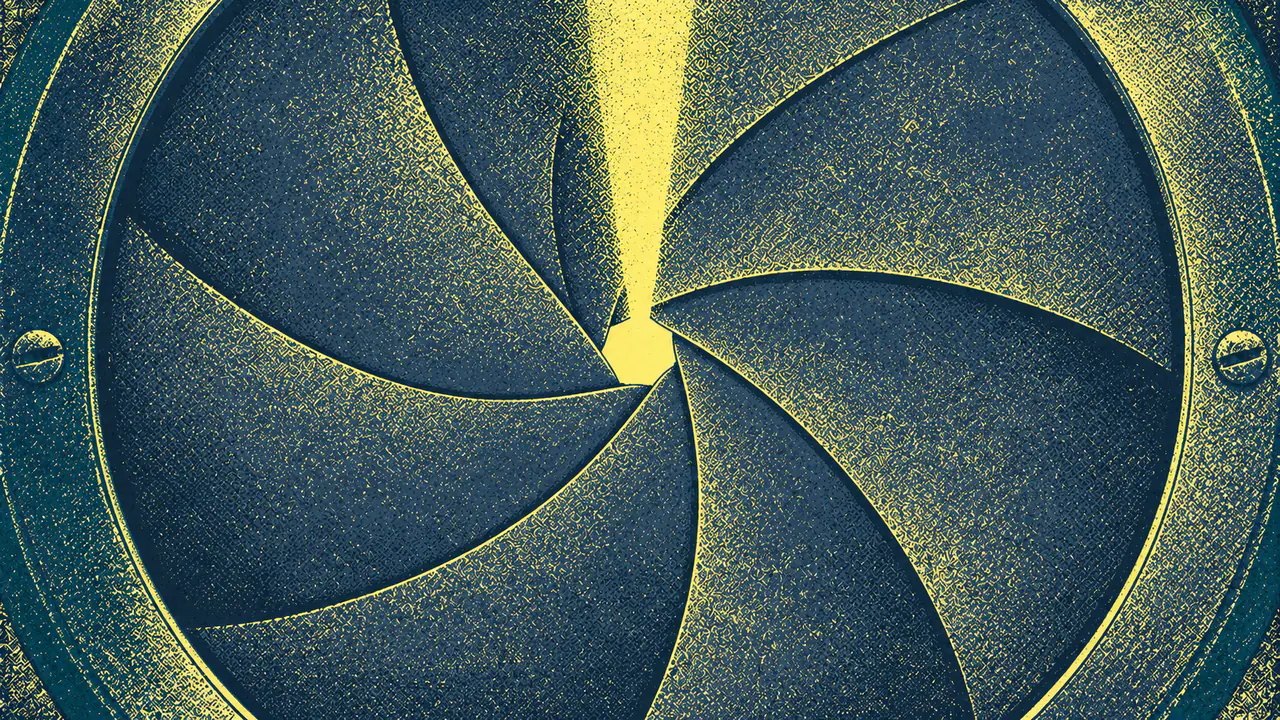 Screen-print illustration of an iris aperture of overlapping blades closed down to a narrow opening, a single shaft of light passing through it and nothing passing around it.