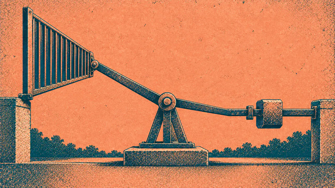 Screen-print illustration of a two-armed lever mechanism where one arm lifts a gate open and the other arm shifts a counterweight along a beam, the two arms sharing a single pivot.