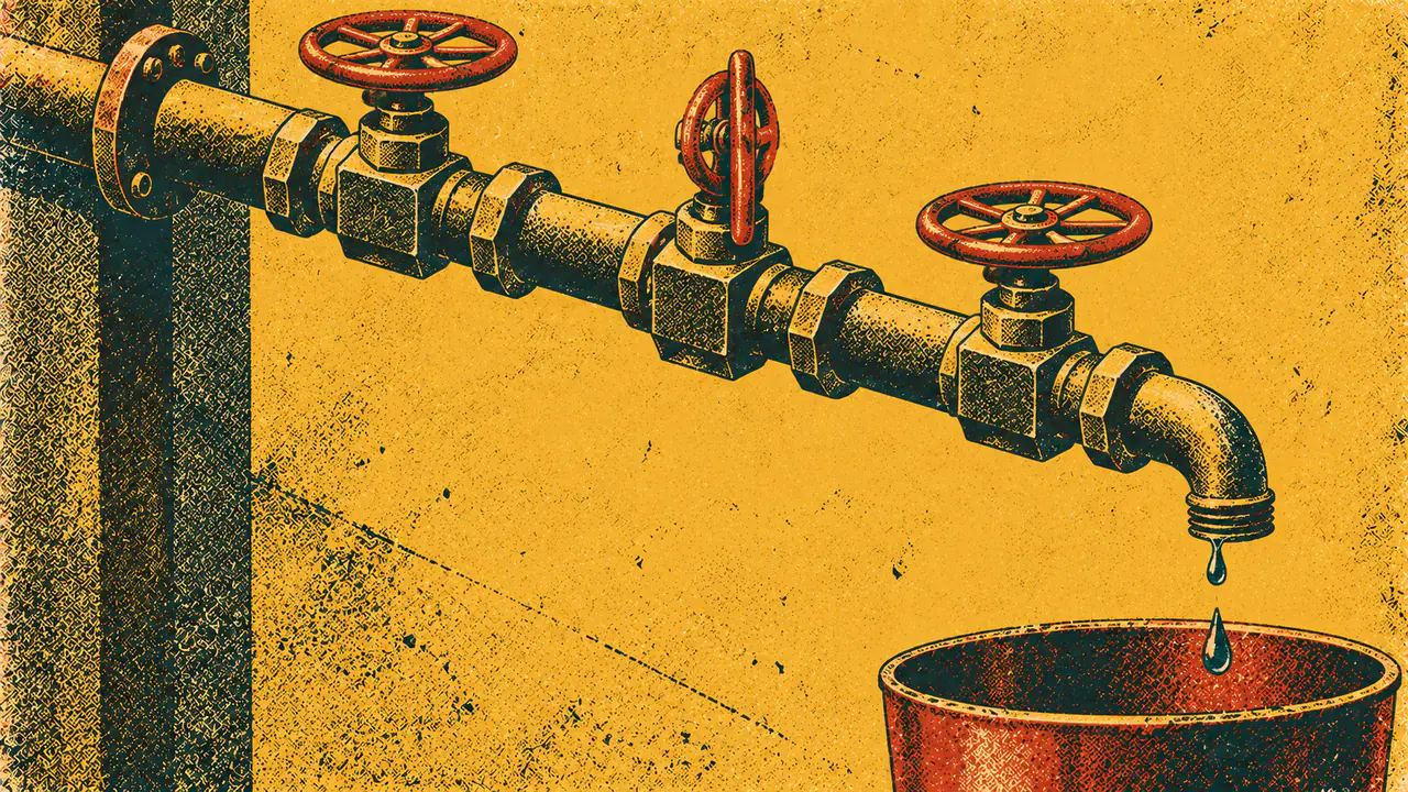 Screen-print illustration of a single pipe run carrying three stopcocks in series, two of them turned fully open and one closed tight, with the outlet dripping into an empty vessel below.