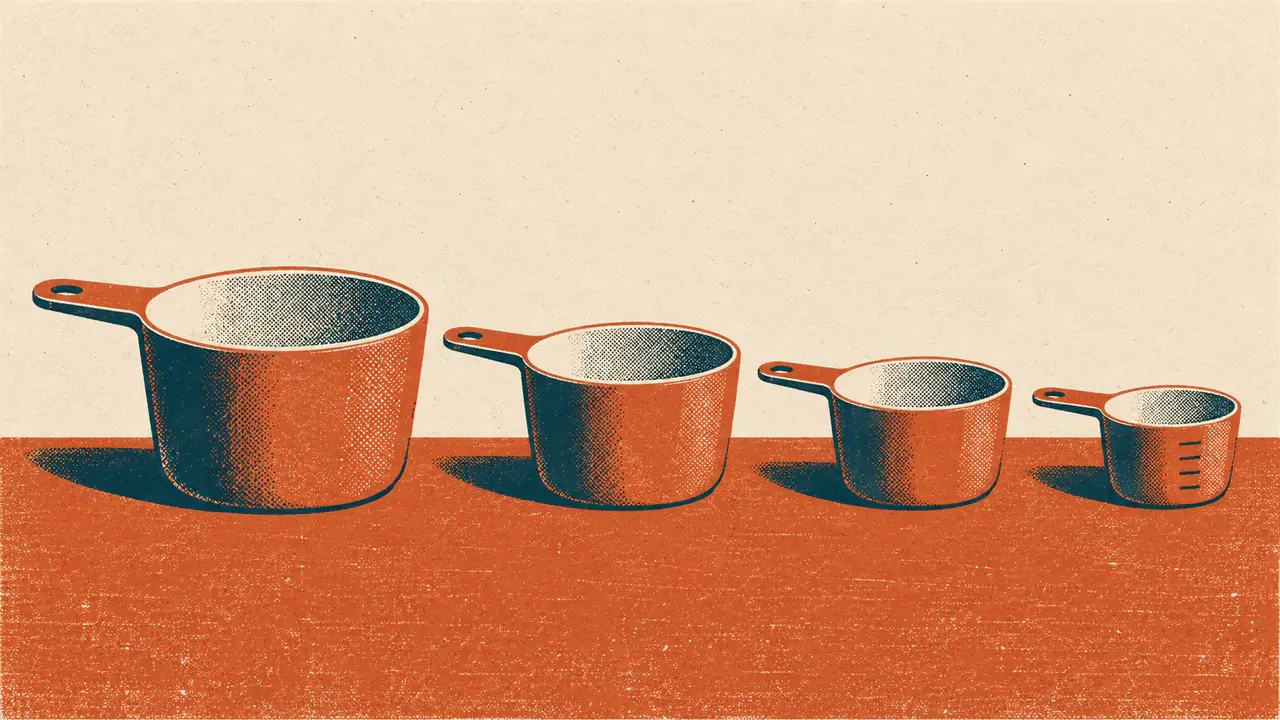 Screen-print illustration of a set of nested measuring cups pulled apart and stood in a row, where only the smallest cup carries graduation marks on its side and all the larger ones are blank.