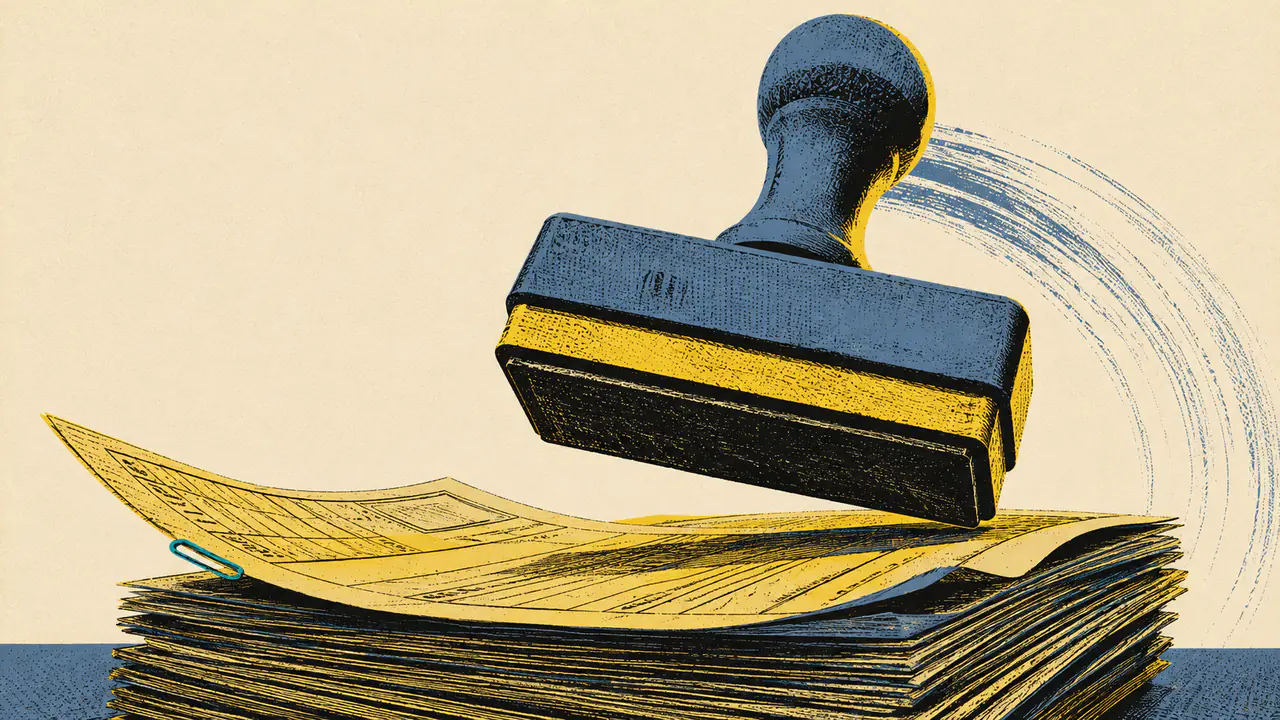 A rubber stamp coming down on a thick stack of documents, representing the ChatGPT ads review and approval queue