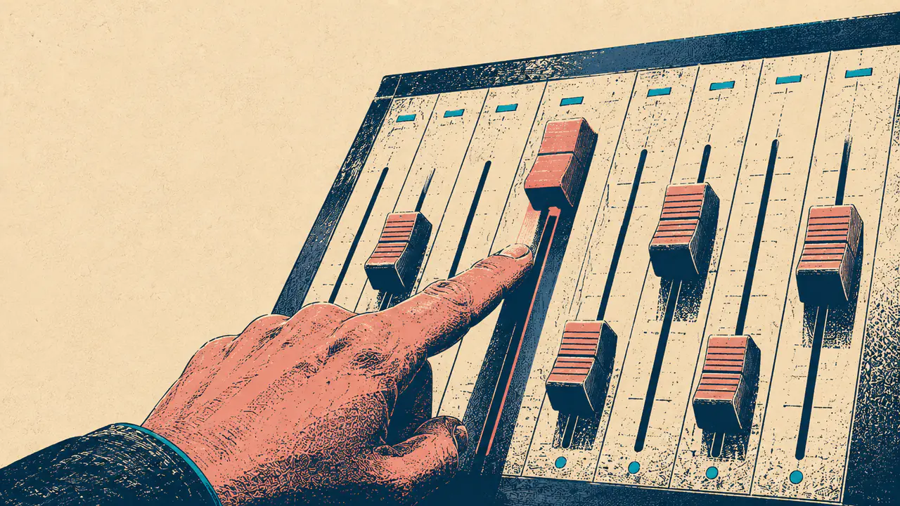 A hand adjusting faders on a mixing console, representing the bid and budget controls available in the ChatGPT ads auction
