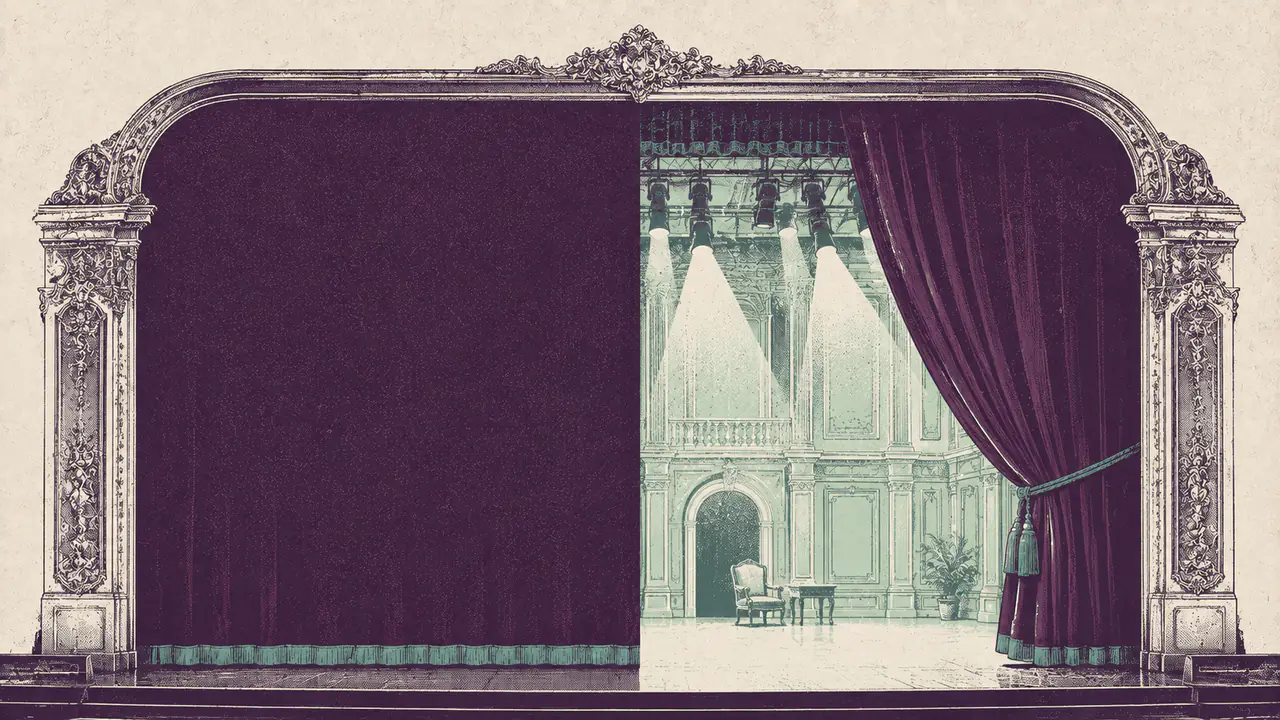 A theatre curtain drawn halfway back across an empty stage, representing how little advertisers can see of where their ad lands