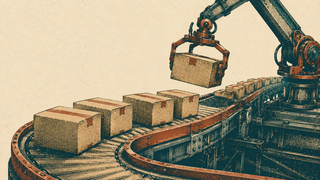 A robotic arm placing parcels onto a curved conveyor, representing an ecommerce catalogue served through ChatGPT ads