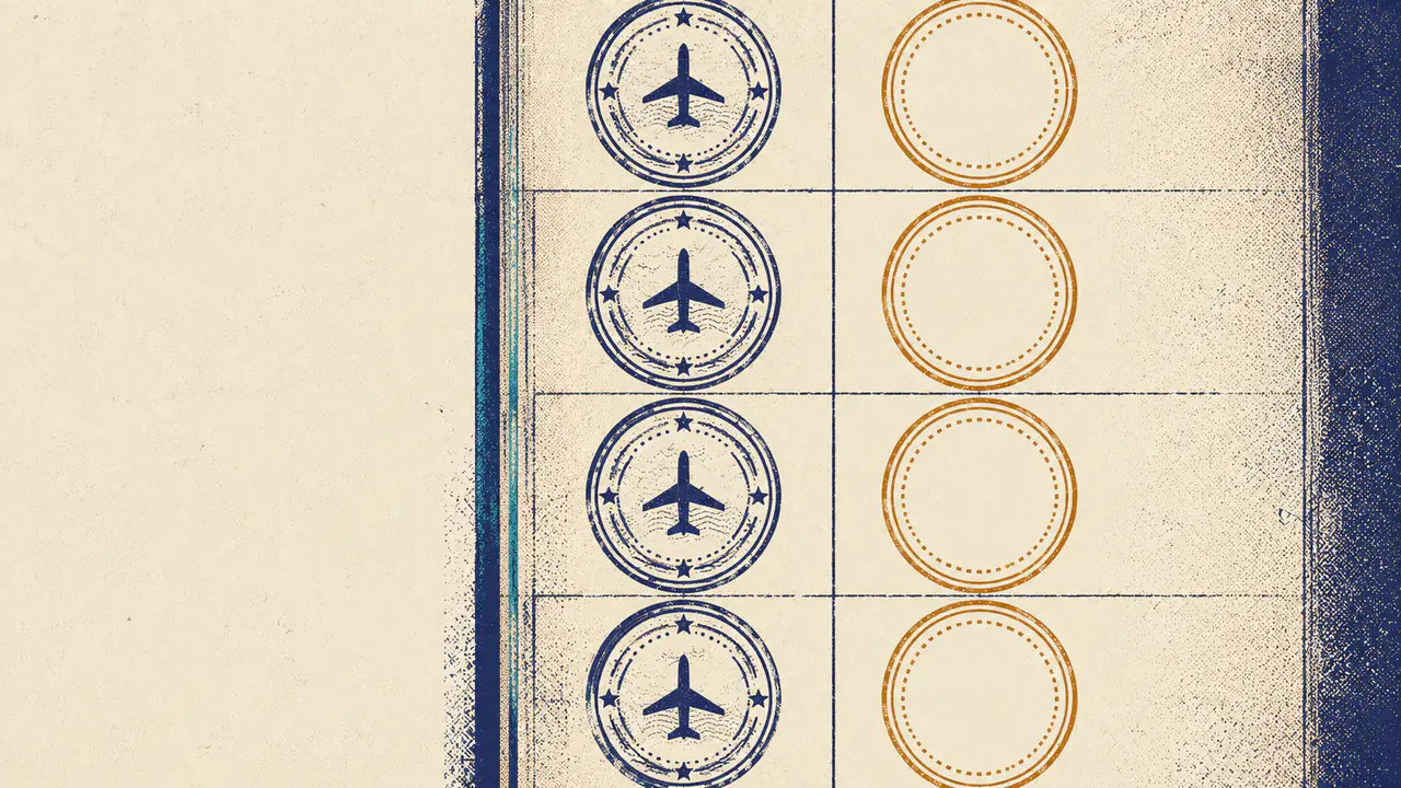 A passport page with four entry stamps beside four empty stamp circles, representing the country and market gates an advertiser has to clear