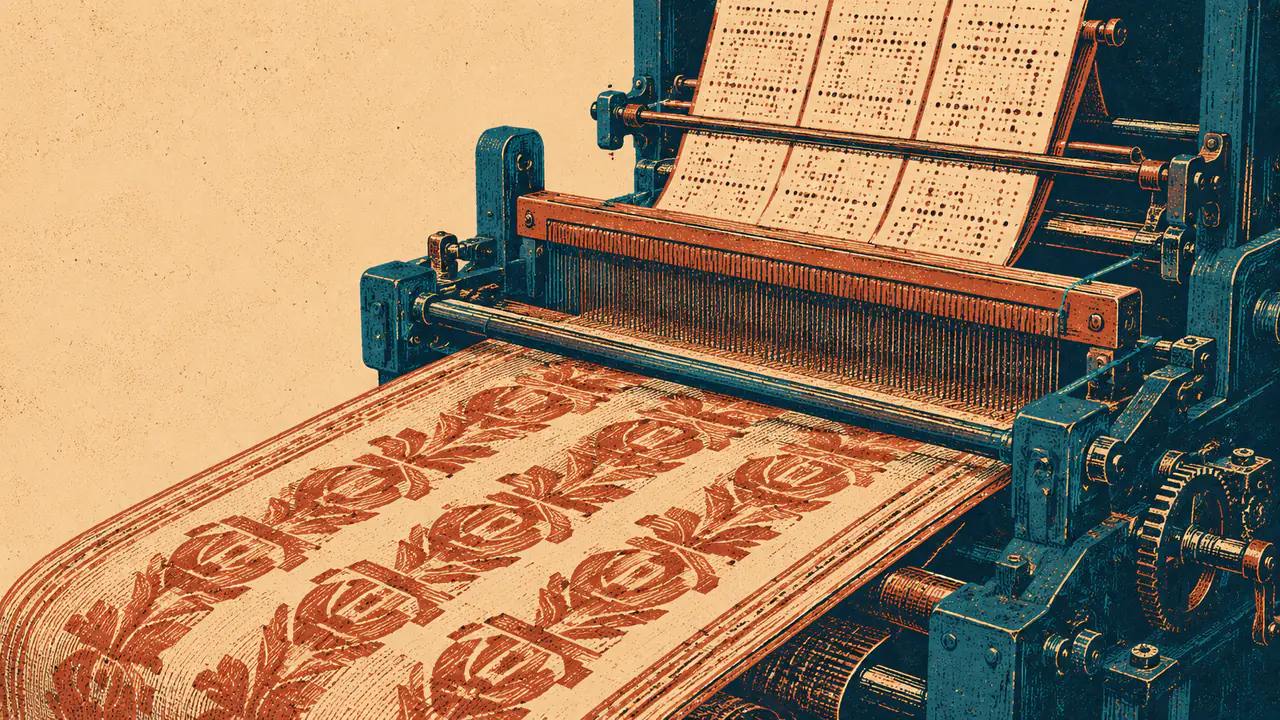 A jacquard loom reading punched cards to weave a patterned fabric, representing a product feed driving ChatGPT shopping ads