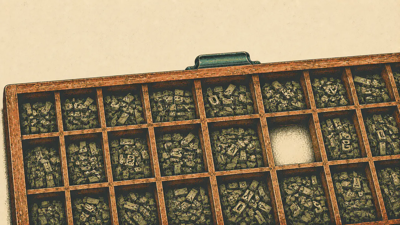 A letterpress type case of sorted metal type with one compartment left empty, representing a working glossary of ChatGPT ads terms