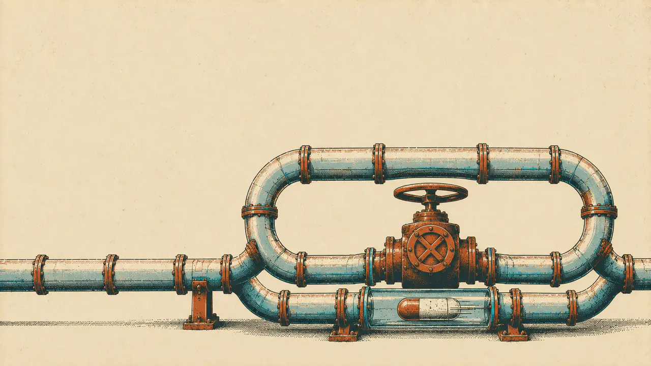 A pipeline with a closed valve and a loop routed around it, representing markets excluded from ChatGPT ads and the ways buyers route around them