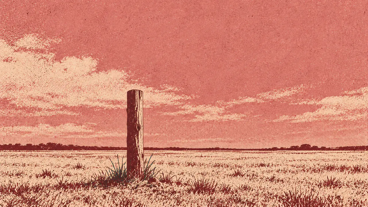 Screen-print illustration of a single fence post driven into the ground with no fence attached to it, no rail, no wire, nothing on either side.
