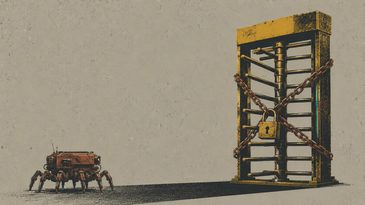 A small crawler robot stopped in front of a padlocked and chained turnstile, representing OAI-AdsBot blocked from a landing page