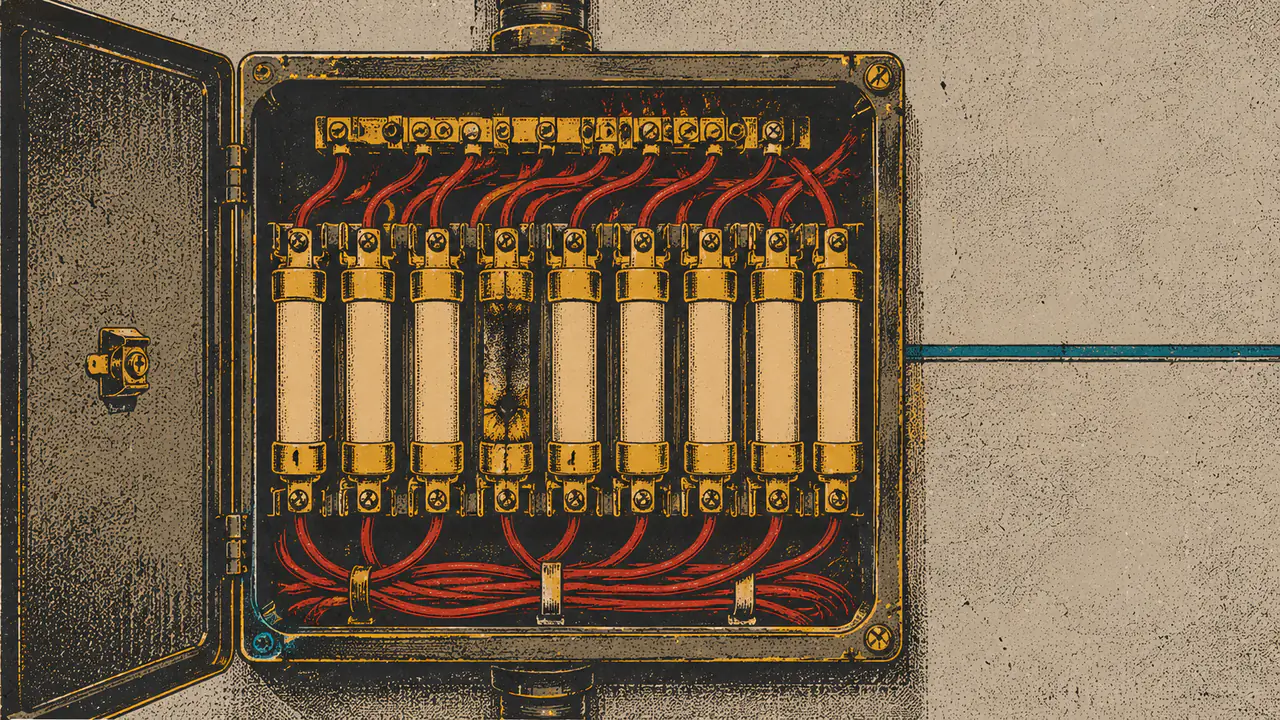 An open fuse box with a row of fuses and red wiring, one fuse visibly burnt, representing the diagnostic pass on a campaign that will not serve