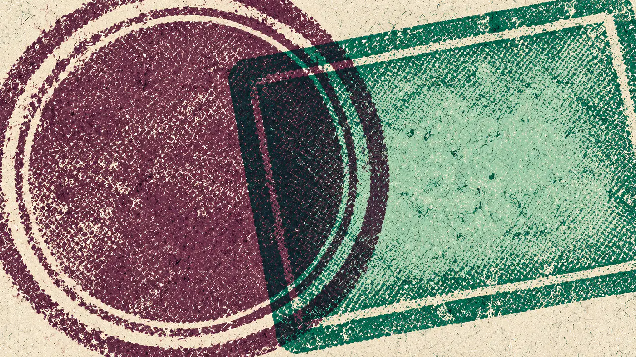 Screen-print illustration of two different stamps pressed over the same spot on one sheet, their inked impressions overlapping so the shared area reads as a third darker shape.