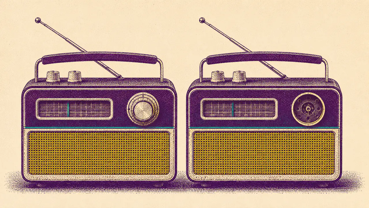 Two near-identical vintage radios standing side by side, representing ChatGPT ads and Google AI Mode ads as competing answer channels