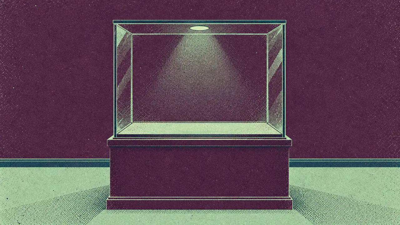 Screen-print illustration of an empty glass display case on a pedestal, lit and dusted and clearly maintained, with nothing at all inside it.