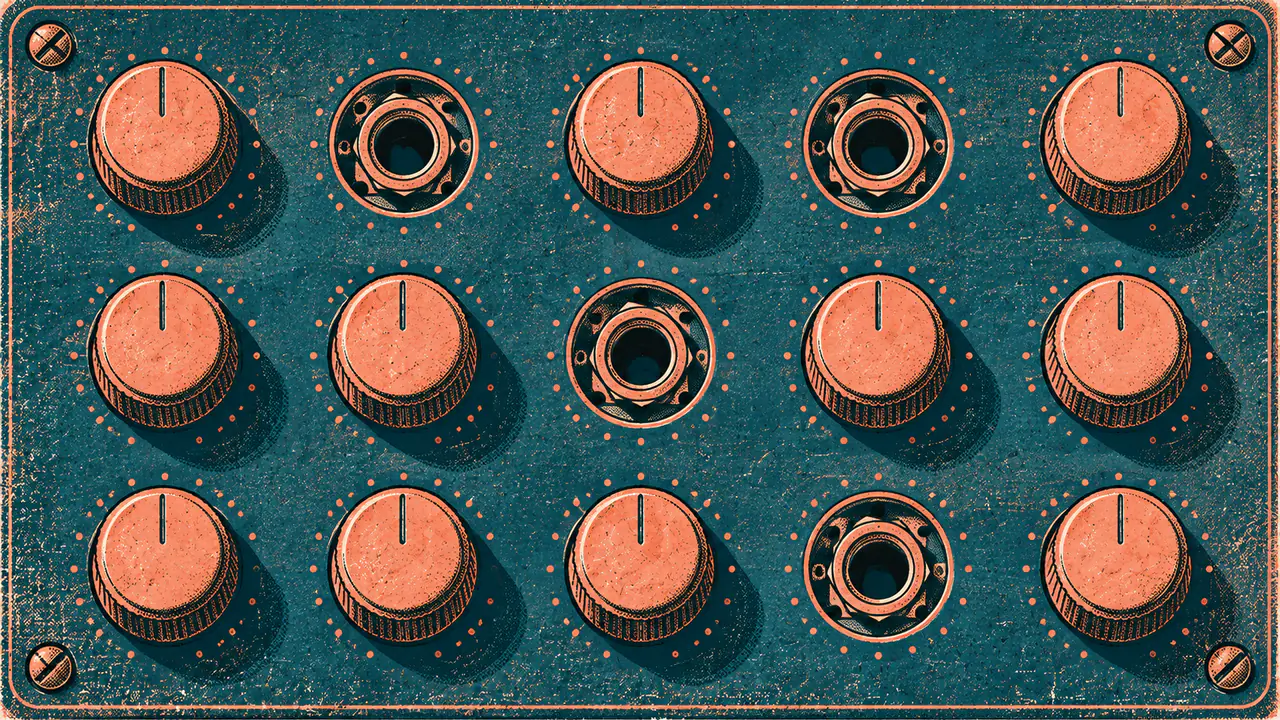 Screen-print illustration of a control panel where four of the dials have been unscrewed and removed, leaving four clean empty sockets among the ones still fitted.