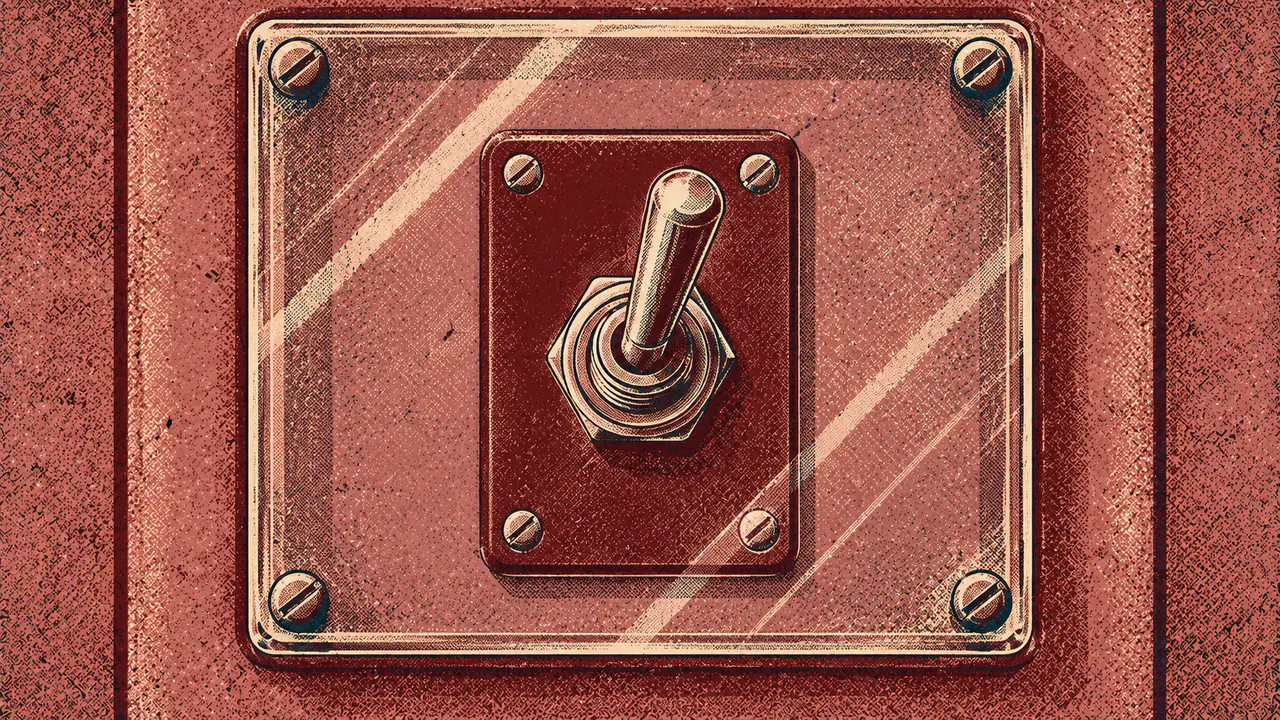 Screen-print illustration of a heavy toggle switch already thrown to the on position, sealed behind a fixed glass plate with no handle, no catch and no way through.