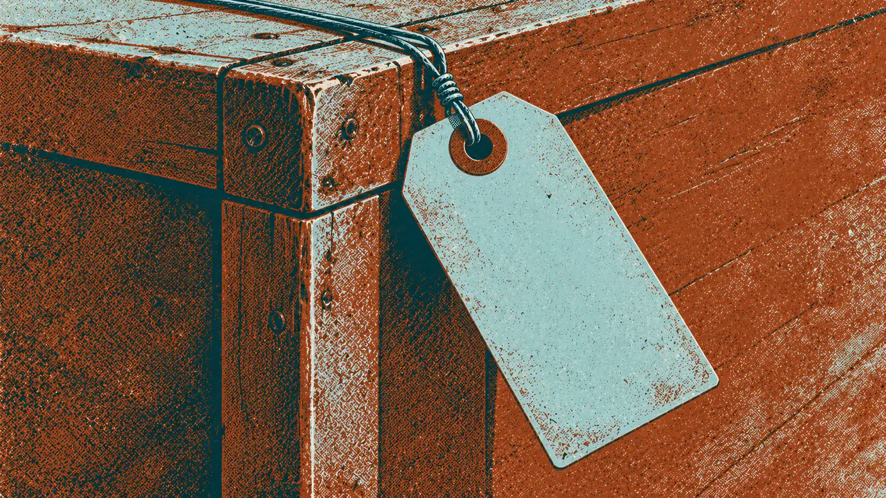 Screen-print illustration of a luggage tag tied with wire to the corner of a large plain crate, the tag being the only marked thing on an otherwise blank surface.