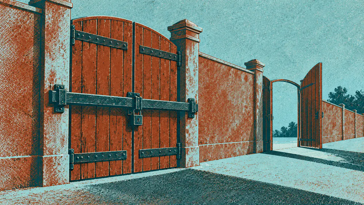 Screen-print illustration of a pair of heavy gates in one wall, the inbound gate bolted shut with a thick bar across it and the outbound gate standing wide open.