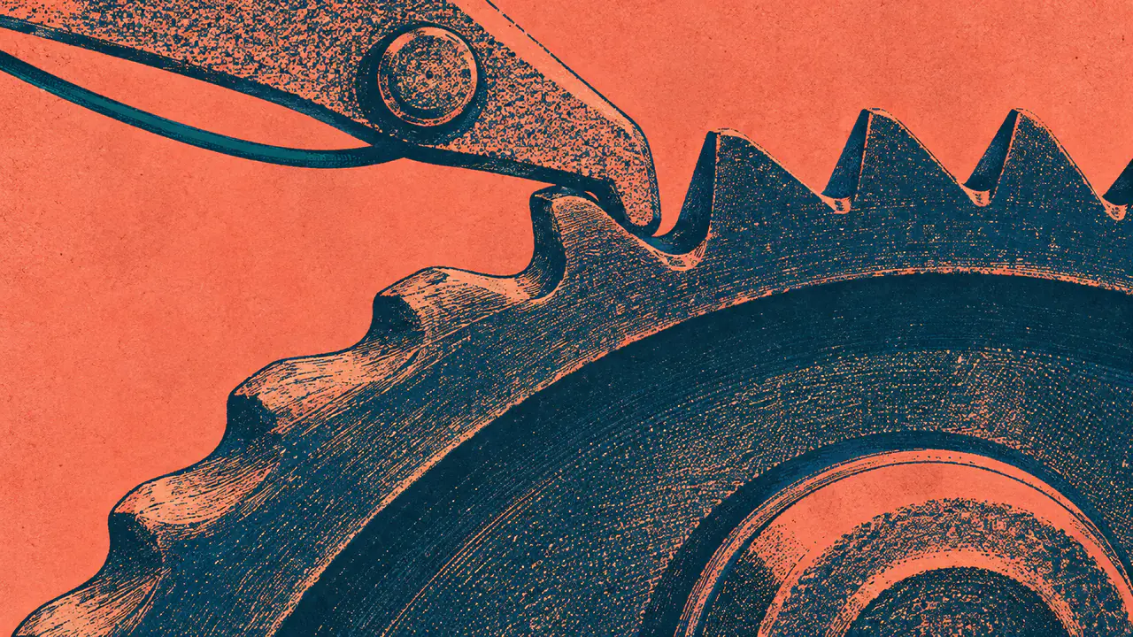 Screen-print illustration of a ratchet wheel and pawl, the pawl dropped firmly into a tooth so the wheel can only turn one way, the teeth behind it worn smooth.