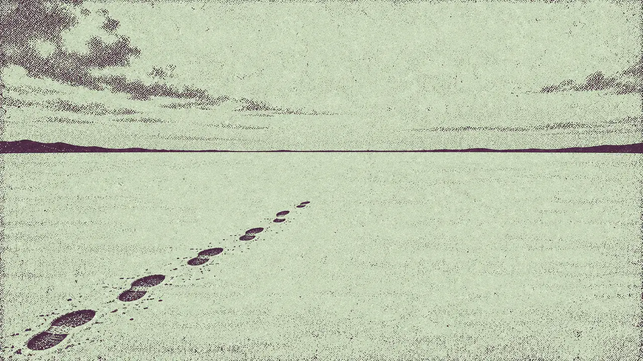 Screen-print illustration of a trail of footprints crossing an open expanse and stopping abruptly partway, with clean untouched ground continuing beyond them.