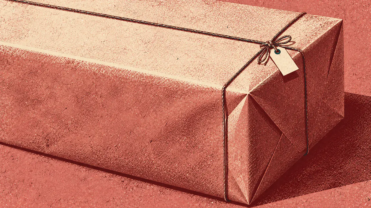 Screen-print illustration of a very small paper tag tied with string to the corner of a very large plain wrapped parcel, the parcel otherwise completely unmarked.