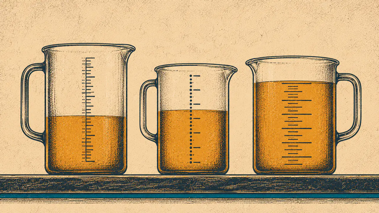 Three laboratory beakers filled to different levels, representing the three public ChatGPT ads performance figures and what each one measured