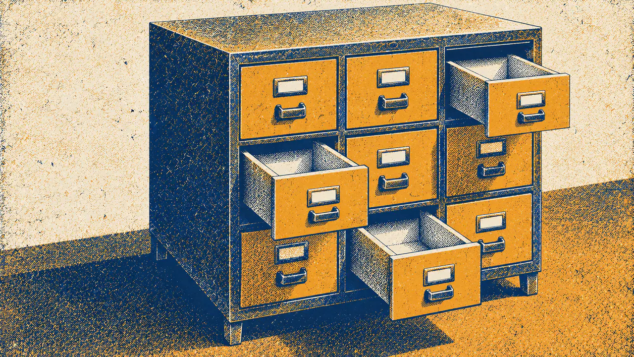 Screen-print illustration of a nine-drawer card index cabinet with six drawers closed flush and three pulled open to show they are completely empty inside.