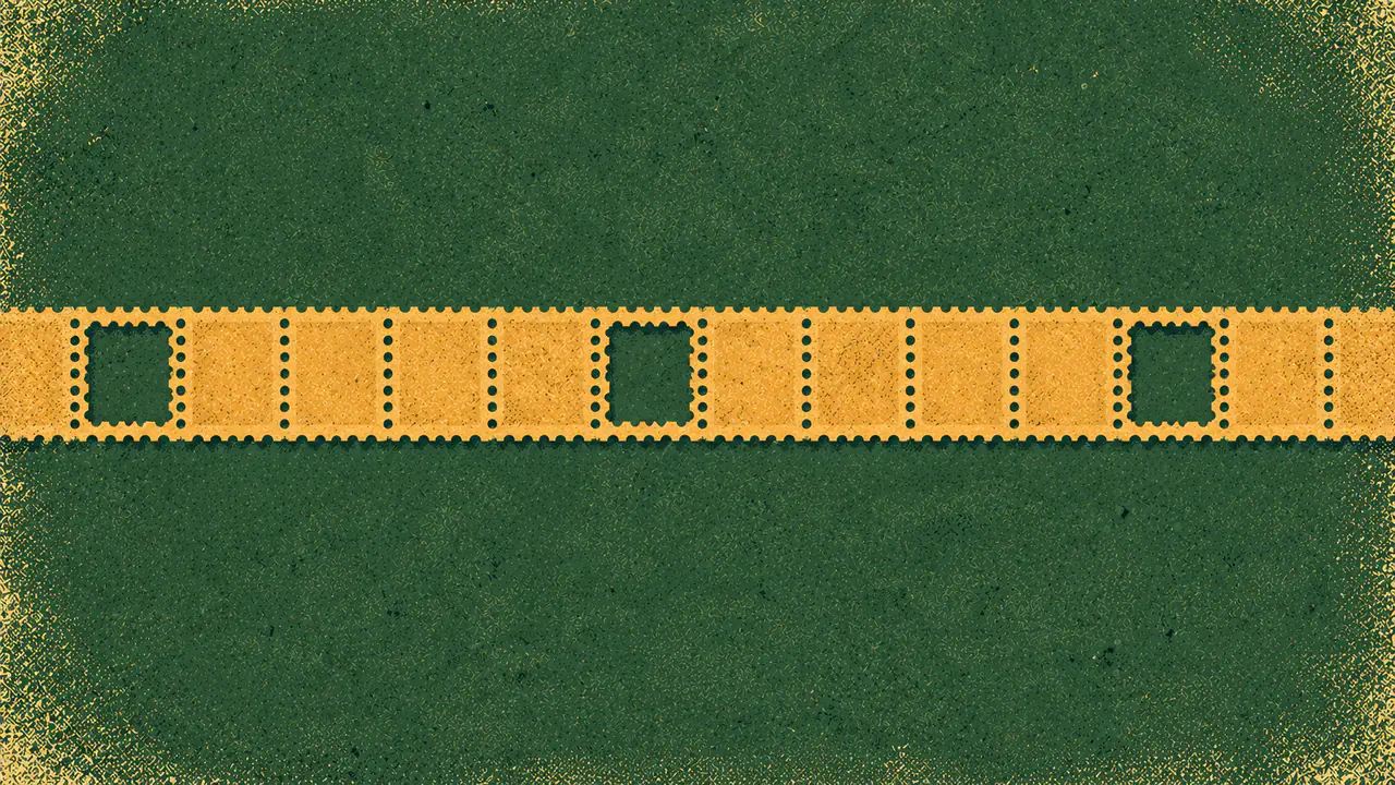 Screen-print illustration of a long strip of fourteen identical perforated squares, with exactly three of them punched clean through and the rest left intact.