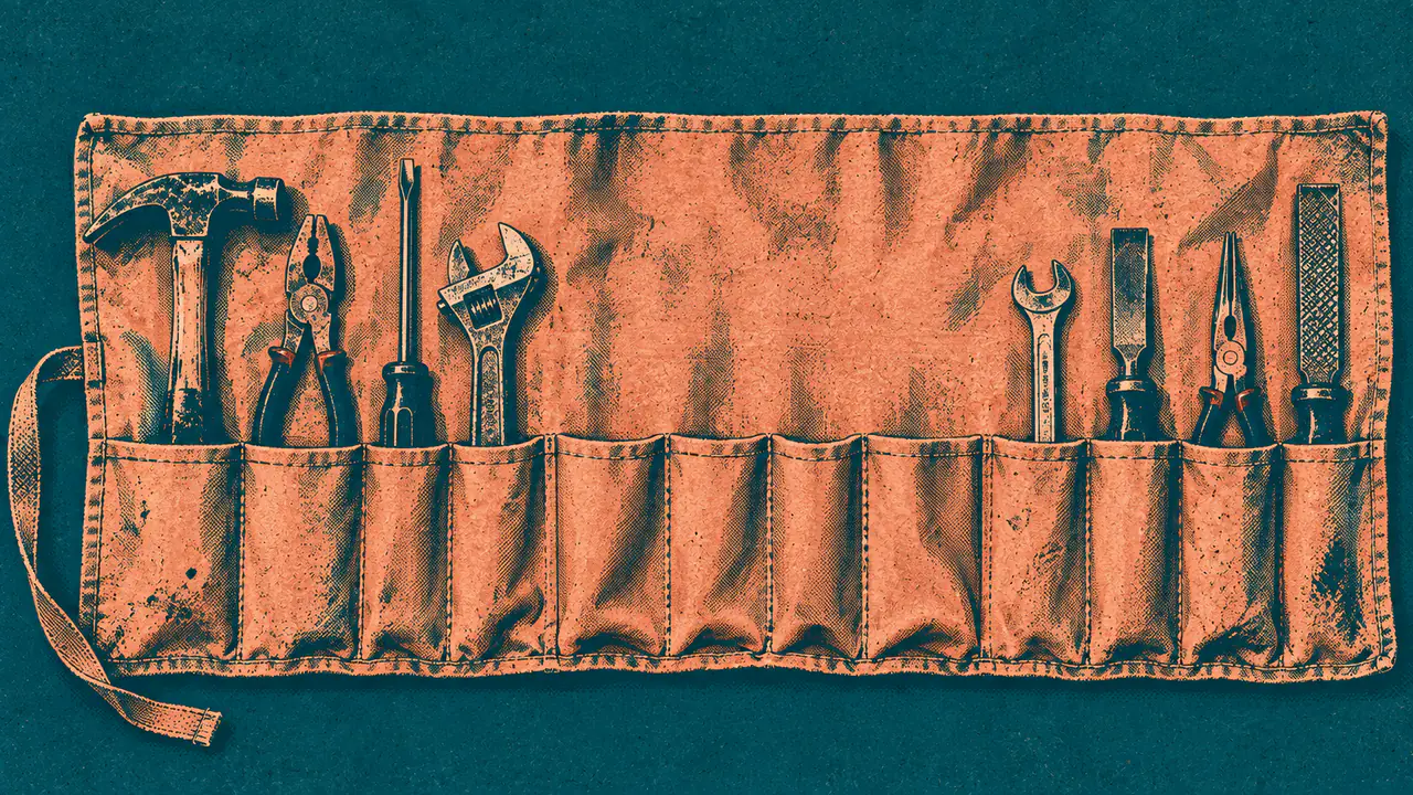 Screen-print illustration of a worn canvas tool roll unrolled flat, its pockets holding well-used tools except for four pockets left conspicuously empty and slack.
