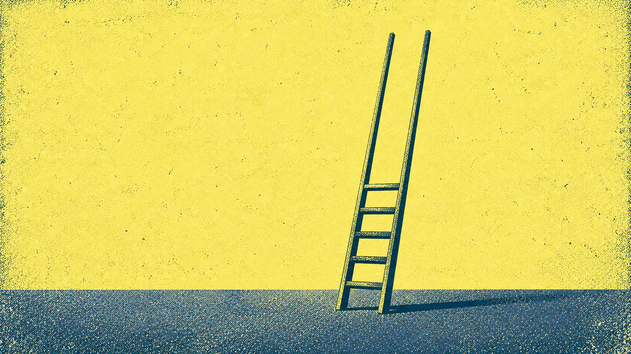 Screen-print illustration of a ladder whose lower rungs are solid and firmly fixed while the upper rungs are simply absent, leaving the two rails running on alone.