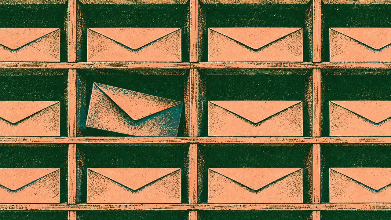 Screen-print illustration of a grid of filing pigeonholes, every slot holding its envelope squarely except one envelope pushed into the wrong slot and sitting crooked.