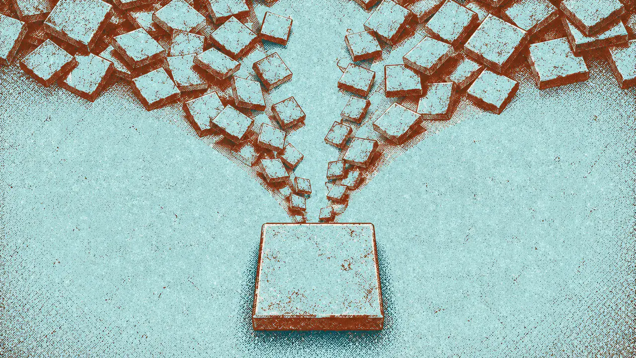 Screen-print illustration of a wide scattering of many small identical tiles funnelling inward and resolving into one single larger tile of the same material.
