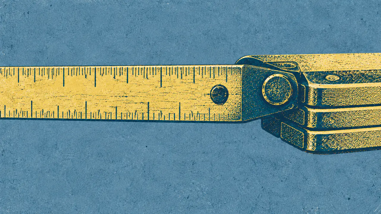 Screen-print illustration of a carpenter's folding rule opened out to its first segment only, the remaining segments still folded tight against each other.