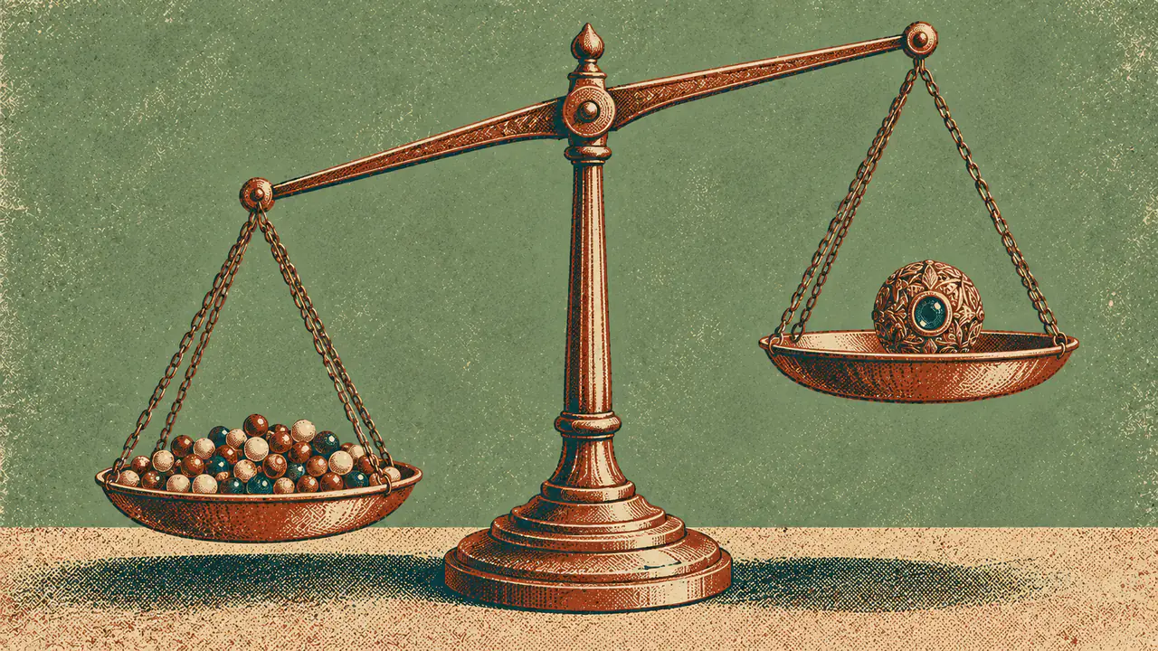 Screen-print illustration of a balance scale tipped decisively down on the side holding a plain scatter of loose beads, while the raised pan holds one elaborately carved ornament.