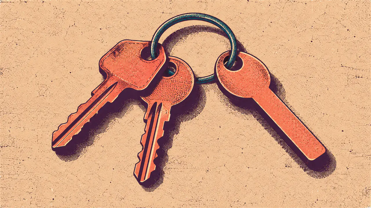 Screen-print illustration of three keys hanging on one ring, two cut with ordinary teeth and the third cut in a shape that no lock could accept, its blade solid and unbroken.