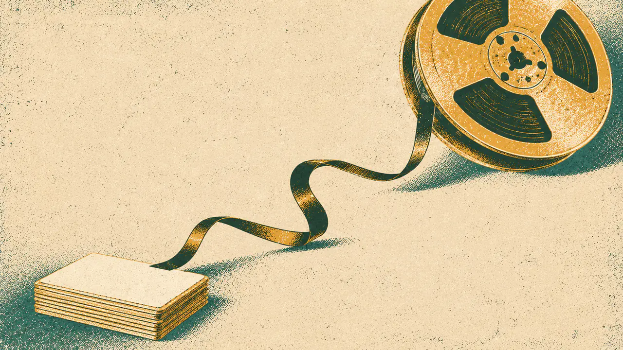 Screen-print illustration of a reel-to-reel tape spool unspooling downward, the loose tape resolving at the bottom into a small neat stack of blank index cards.