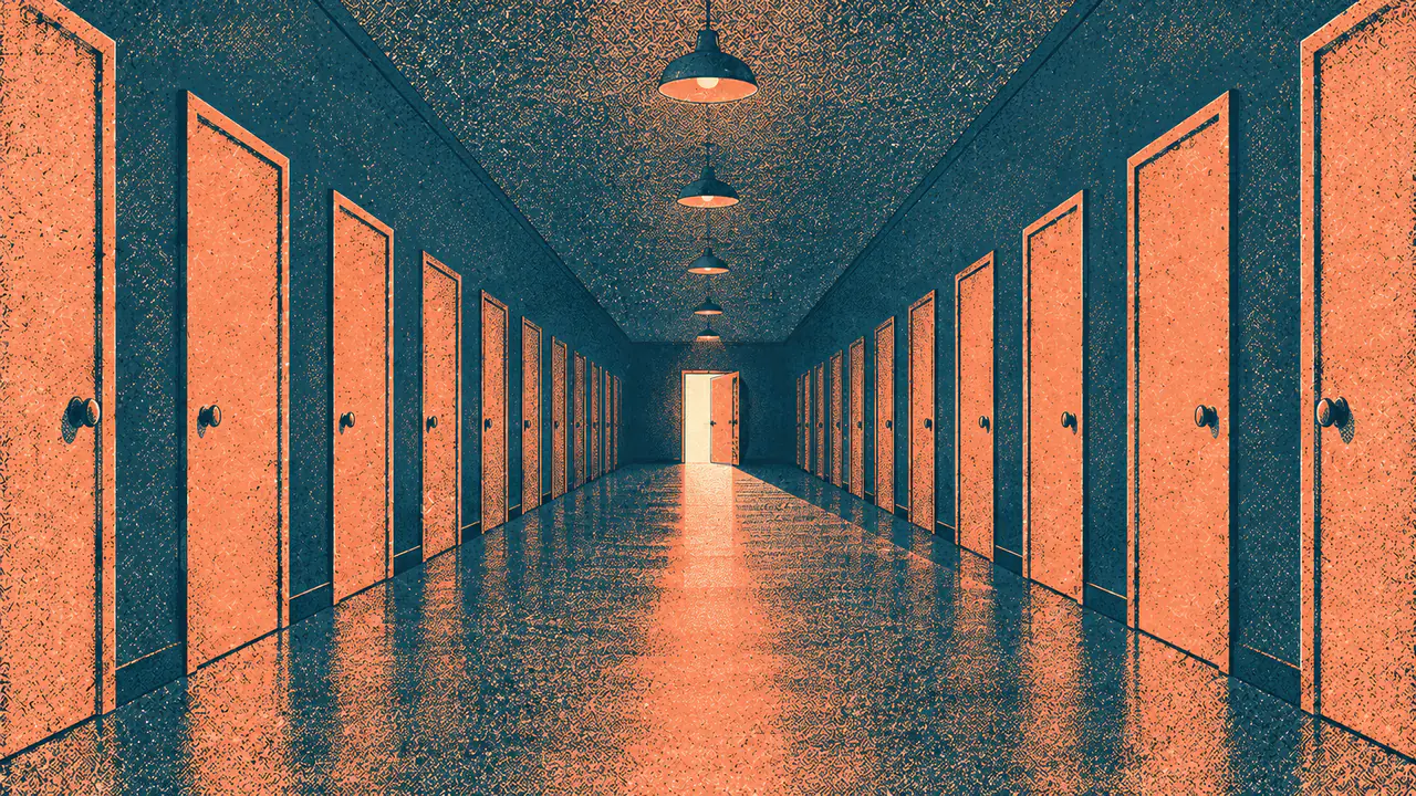 Screen-print illustration of a long corridor wall lined with many identical blank doors, and at the far end one door standing open with light coming through it.