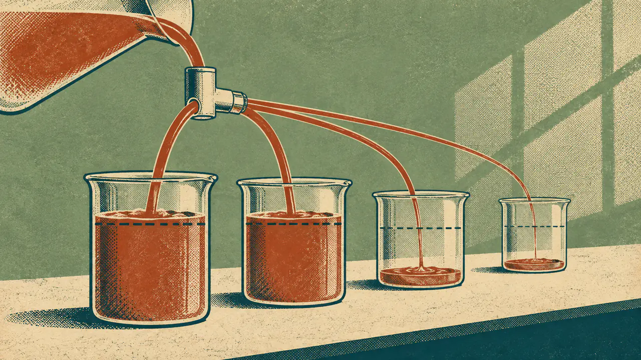Screen-print illustration of a single stream of liquid being poured and split between four laboratory beakers, where only the first two reach the marked fill line and the last two hold a shallow film.