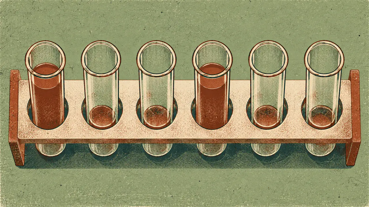 Screen-print illustration of six test tubes in a rack, two of them filled to a clearly marked line and the other four holding only a shallow film at the bottom.