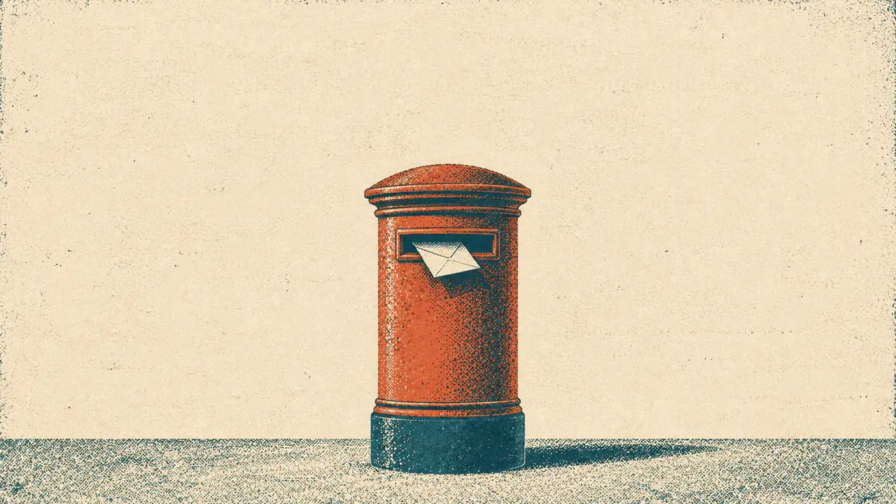 Screen-print illustration of a sealed post box with a wide posting slot and no door, no lock and no collection panel anywhere on it, a single folded note half inserted.