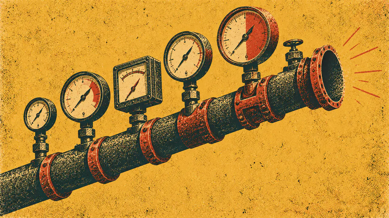Screen-print illustration of a run of pipe carrying a row of gauges and meters along its length, the pipe cut away just past them so the instruments are left measuring open air.