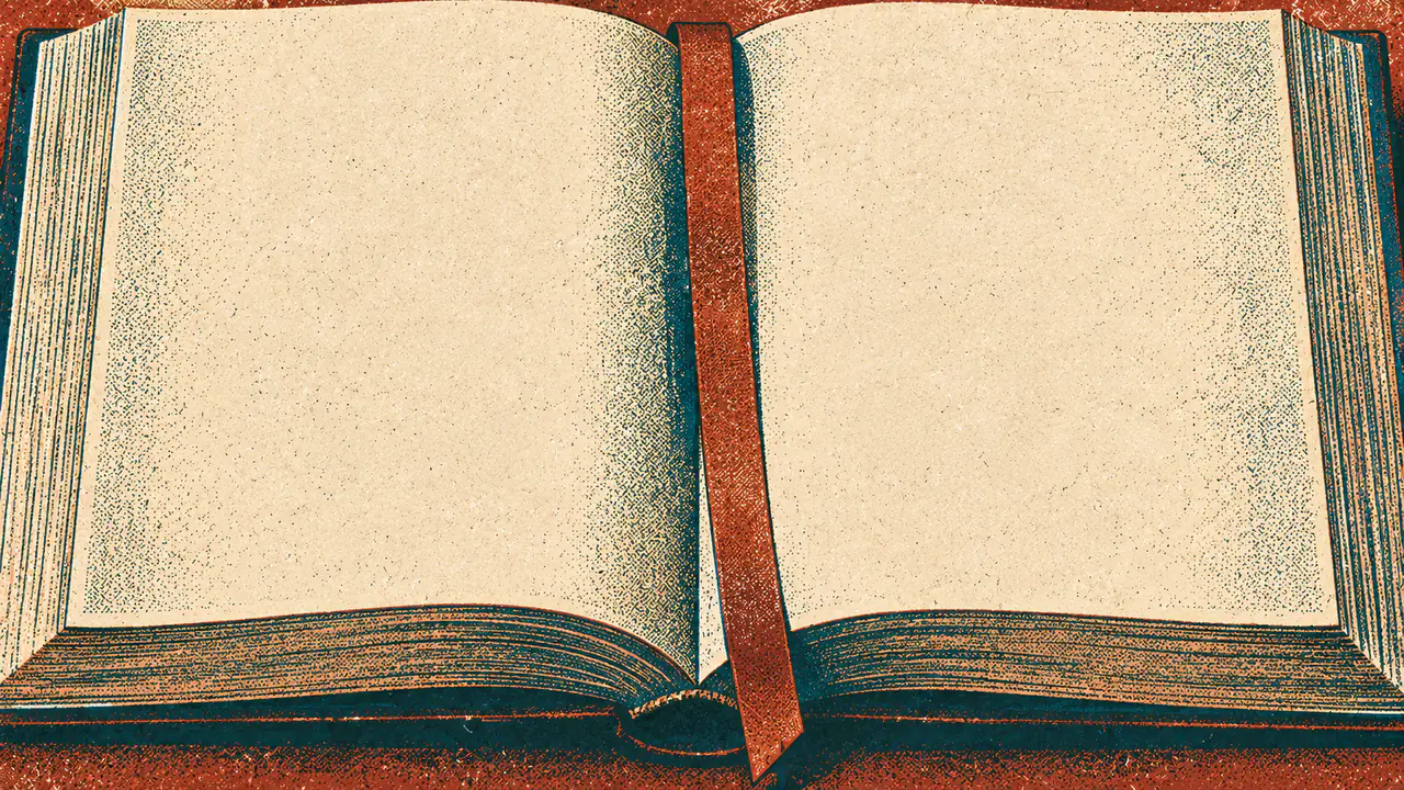 Screen-print illustration of a thick book lying open at the exact page a ribbon bookmark was holding, the ribbon still lying across the gutter.