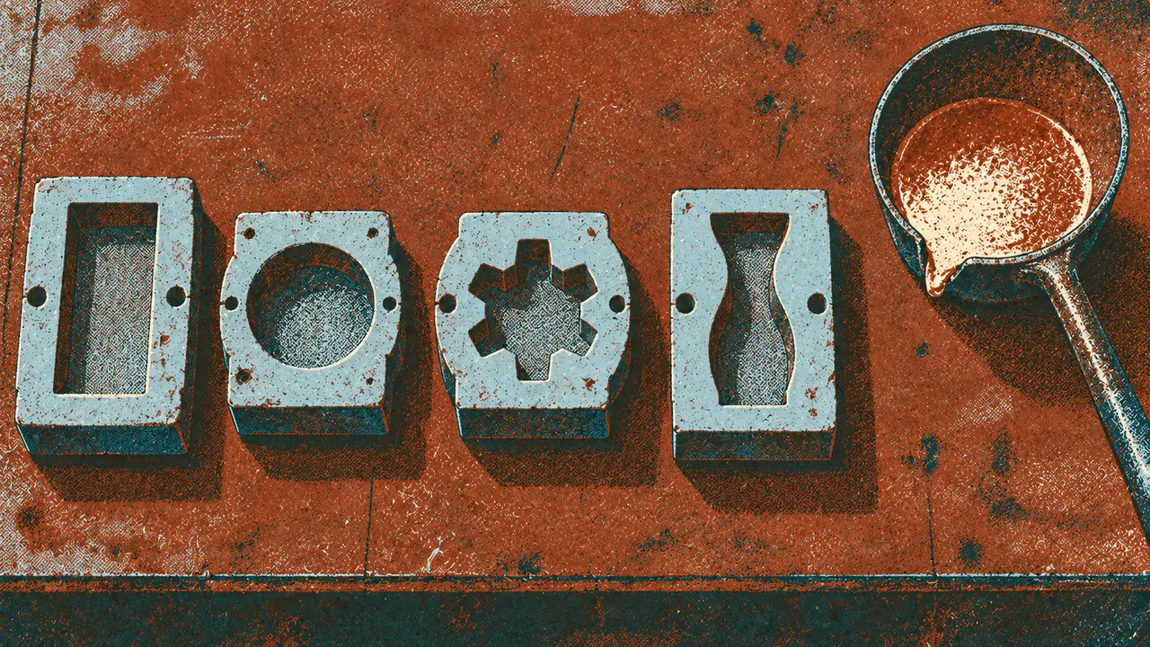 Screen-print illustration of four casting moulds of clearly different shapes laid out beside one single ladle of molten material, the material identical in every case.