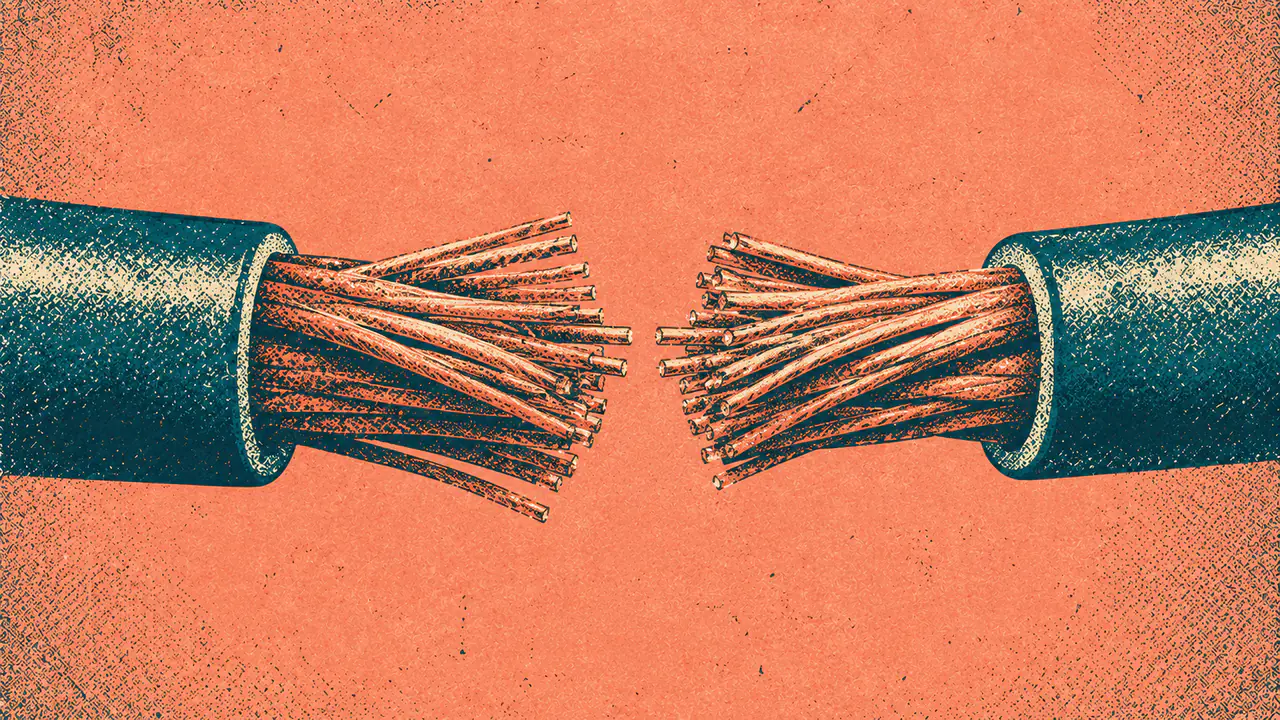 Screen-print illustration of two stripped cable ends brought almost together, the narrow gap between the exposed strands being the clear centre of the image.