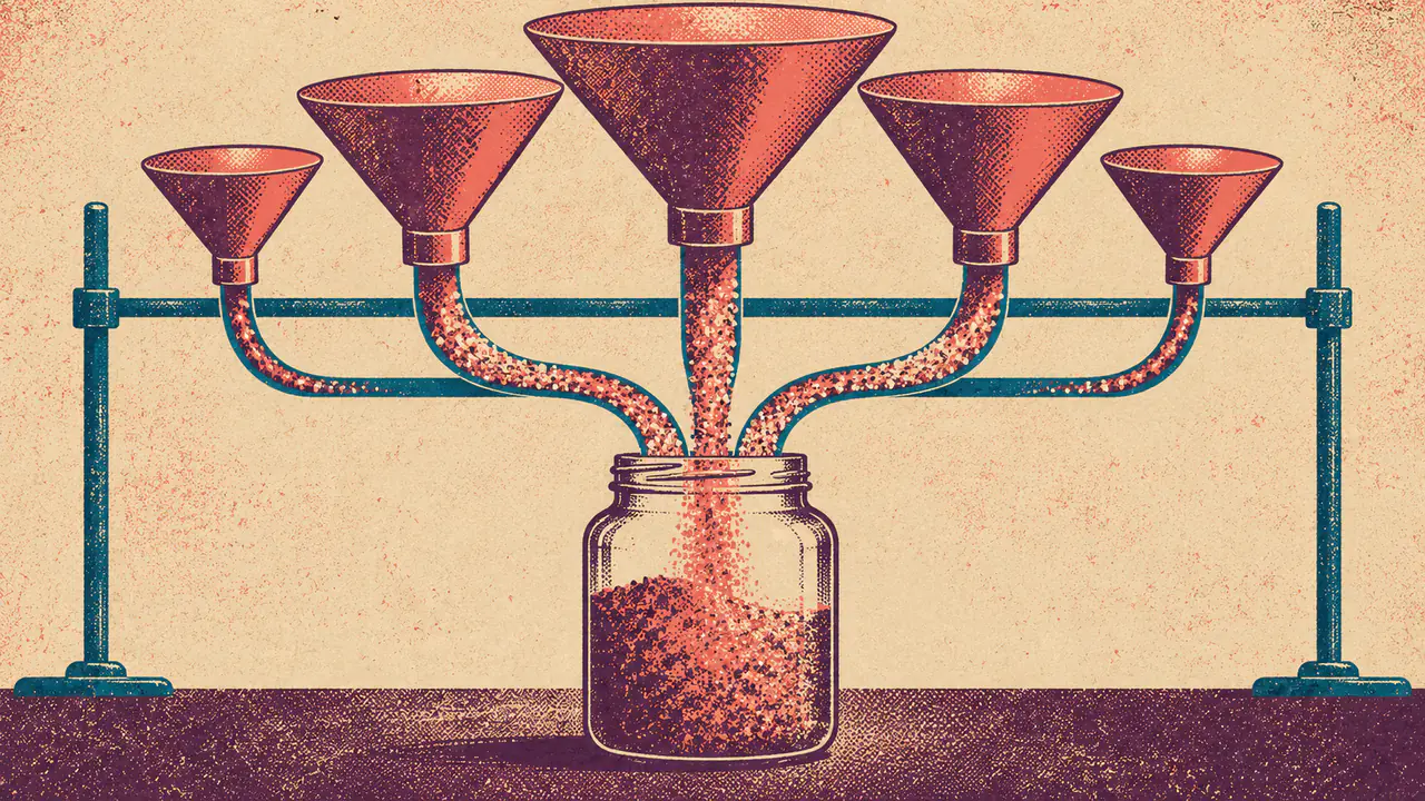 Screen-print illustration of five separate funnels of different sizes all emptying down into one single unmarked jar, their contents already mixed beyond separating.