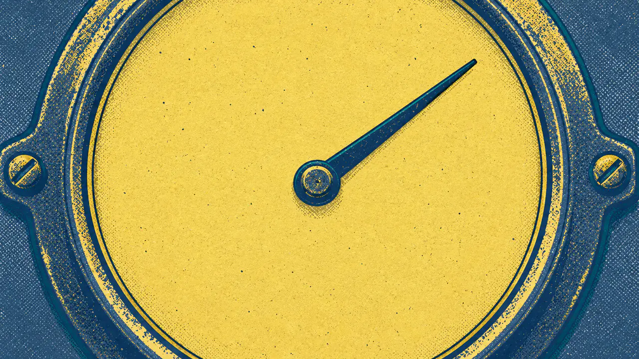 Screen-print illustration of a large round gauge with a needle resting at an angle on a completely blank dial face, no graduations, no tick marks, no scale anywhere on it.